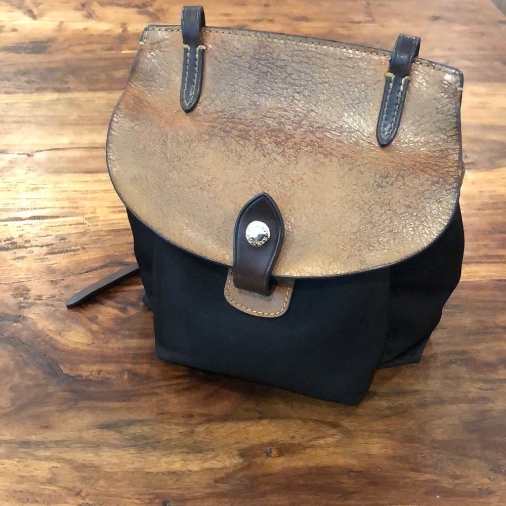 Dooney & Bourke Saddle Crossbody Black Canvas, Brown Distressed Leather